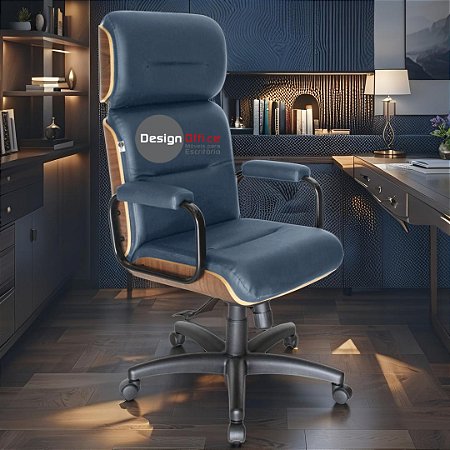 Cadeira Original Eames Presidente com Rodinhas Black e Anti Risco Linha Capa em Madeira - Azul Marinho