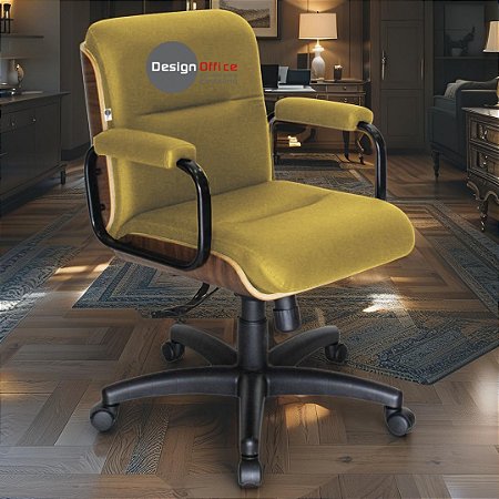 Cadeira Original Eames Diretor com Rodinhas Black e Anti Risco Linha Capa em Madeira - Amarelo Mostarda