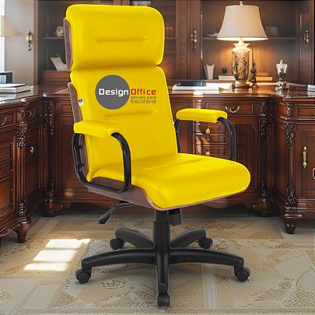 Cadeira Original Eames Presidente com Rodinhas Black e Anti Risco Linha Capa em Madeira Escura - Amarelo