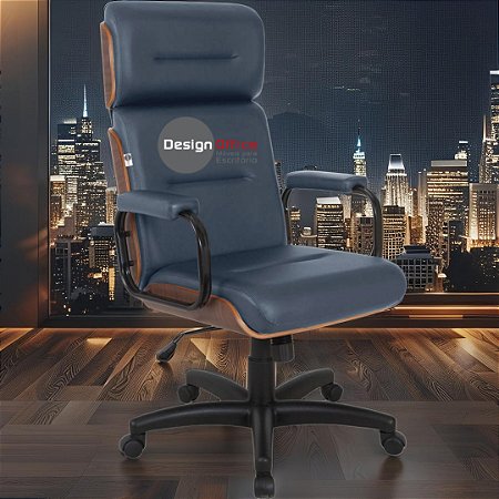 Cadeira Original Eames Presidente com Rodinhas Black e Anti Risco Linha Capa em Madeira Escura - Azul Marinho