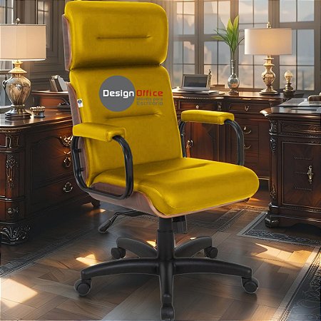 Cadeira Original Eames Presidente com Rodinhas Black e Anti Risco Linha Capa em Madeira Escura - Amarelo Mostarda