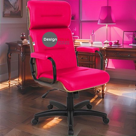 Cadeira Original Eames Presidente com Rodinhas Black e Anti Risco Linha Capa em Madeira Escura - Rosa Pink