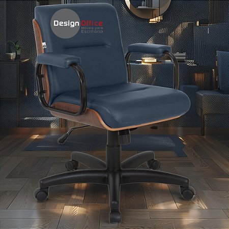 Cadeira Original Eames Diretor com Rodinhas Black e Anti Risco Linha Capa em Madeira Escura - Azul Marinho