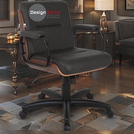Cadeira Original Eames Diretor com Rodinhas Black e Anti Risco Linha Capa em Madeira Escura - Preto