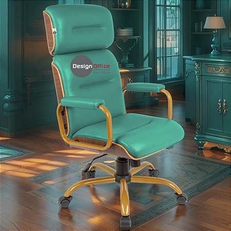 Cadeira Original Eames Presidente Dourada Anti Risco Linha Capa em Madeira Escura - Verde Água