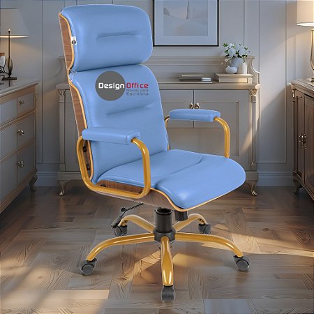 Cadeira Original Eames Presidente Dourada Anti Risco Linha Capa em Madeira Escura - Azul Bebê