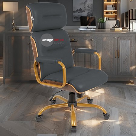 Cadeira Original Eames Presidente Dourada Anti Risco Linha Capa em Madeira Escura - Cinza Escuro