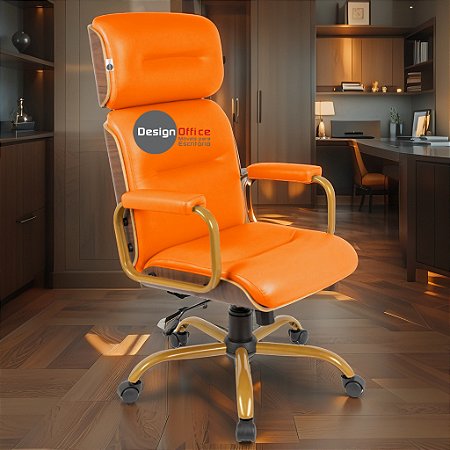 Cadeira Original Eames Presidente Dourada Anti Risco Linha Capa em Madeira Escura - Laranja