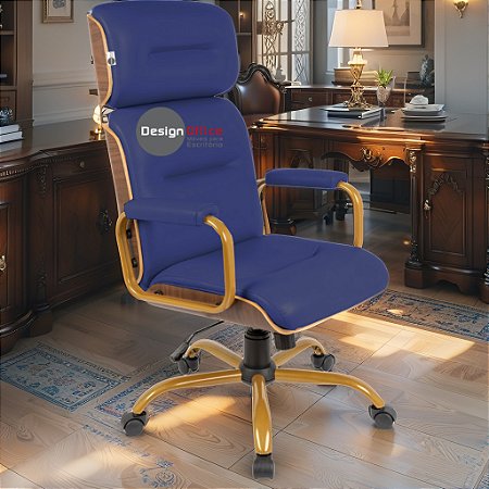 Cadeira Original Eames Presidente Dourada Anti Risco Linha Capa em Madeira Escura - Azul Royal