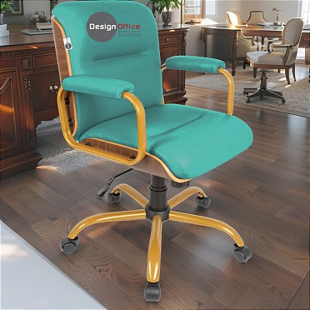 Cadeira Original Eames Diretor Dourada Anti Risco Linha Capa em Madeira Escura - Verde Água