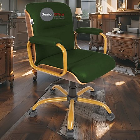 Cadeira Original Eames Diretor Dourada Anti Risco Linha Capa em Madeira Escura - Verde Escuro