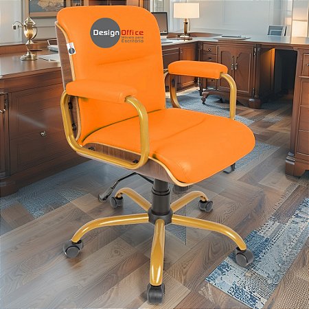 Cadeira Original Eames Diretor Dourada Anti Risco Linha Capa em Madeira Escura - Laranja