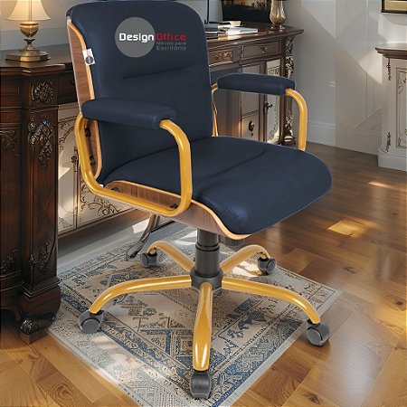 Cadeira Original Eames Diretor Dourada Anti Risco Linha Capa em Madeira Escura - Azul Marinho