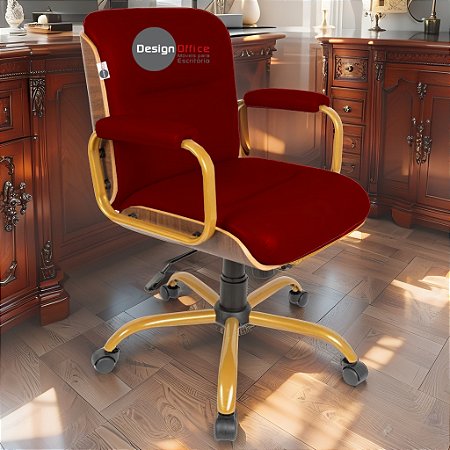 Cadeira Original Eames Diretor Dourada Anti Risco Linha Capa em Madeira Escura - Vermelho Vinho