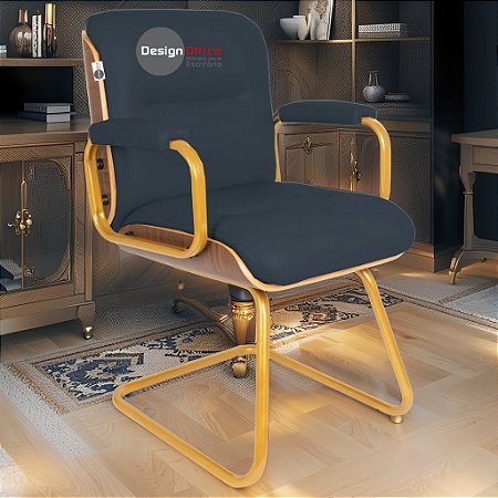 Cadeira Original Eames Interlocutor Dourada Anti Risco Linha Capa em Madeira Escura - Azul Marinho