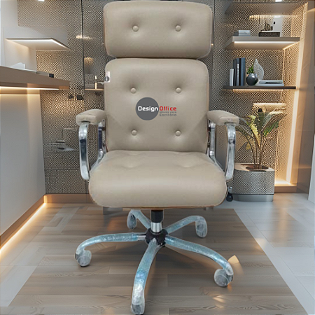 Cadeira Original Eames Presidente com Rodinhas Cromadas e Anti Risco Linha Capa em Madeira Escura ou Clara - Bege