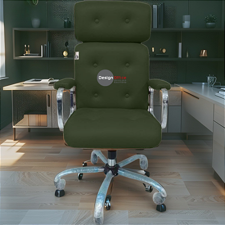 Cadeira Original Eames Presidente com Rodinhas Cromadas e Anti Risco Linha Capa em Madeira Escura ou Clara - Verde Escuro