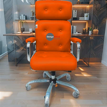 Cadeira Original Eames Presidente com Rodinhas Cromadas e Anti Risco Linha Capa em Madeira Escura ou Clara - Laranja