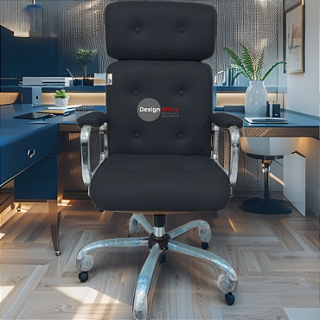 Cadeira Original Eames Presidente com Rodinhas Cromadas e Anti Risco Linha Capa em Madeira Escura ou Clara - Azul Marinho