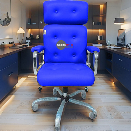 Cadeira Original Eames Presidente com Rodinhas Cromadas e Anti Risco Linha Capa em Madeira Escura ou Clara - Azul Royal
