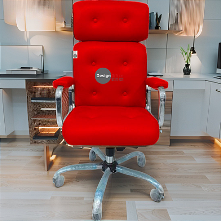 Cadeira Original Eames Presidente com Rodinhas Cromadas e Anti Risco Linha Capa em Madeira Escura ou Clara - Vermelho