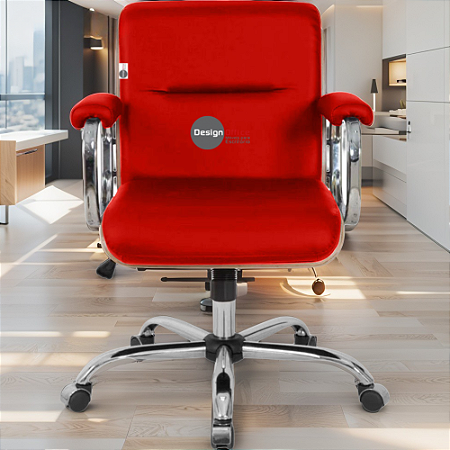 Cadeira Original Eames Diretor com Rodinhas Cromadas e Anti Risco Linha Capa em Madeira Escura Vermelho