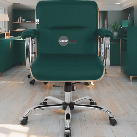 Cadeira Original Eames Diretor com Rodinhas Cromadas e Anti Risco Linha Capa em Madeira Escura Verde