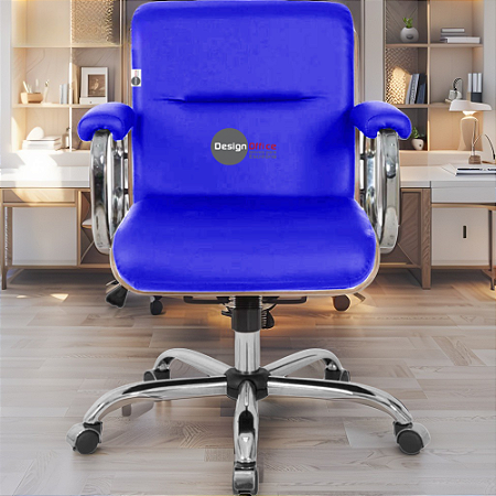 Cadeira Original Eames Diretor com Rodinhas Cromadas e Anti Risco Linha Capa em Madeira Escura Azul Royal