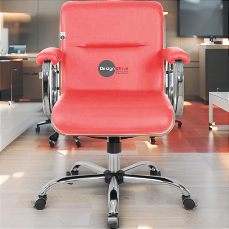 Cadeira Original Eames Diretor com Rodinhas Cromadas e Anti Risco Linha Capa em Madeira Escura Vermelho Telha