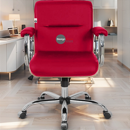 Cadeira Original Eames Diretor com Rodinhas Cromadas e Anti Risco Linha Capa em Madeira Escura Rosa Pink
