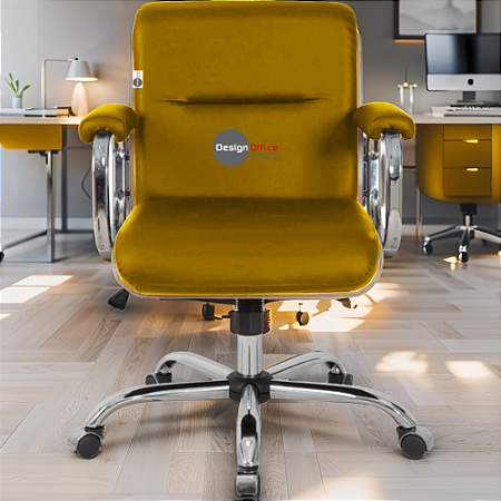 Cadeira Original Eames Diretor com Rodinhas Cromadas e Anti Risco Linha Capa em Madeira Escura Amarelo Mostarda