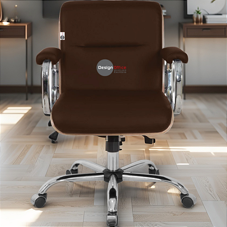 Cadeira Original Eames Diretor com Rodinhas Cromadas e Anti Risco Linha Capa em Madeira Escura Marrom