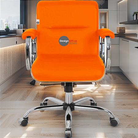 Cadeira Original Eames Diretor com Rodinhas Cromadas e Anti Risco Linha Capa em Madeira Escura Laranja