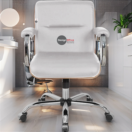 Cadeira Original Eames Diretor com Rodinhas Cromadas e Anti Risco Linha Capa em Madeira Escura Branco