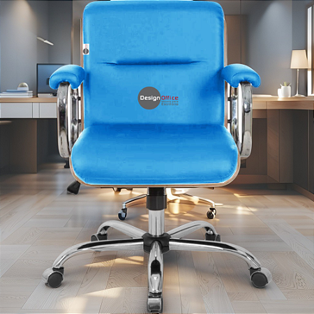 Cadeira Original Eames Diretor com Rodinhas Cromadas e Anti Risco Linha Capa em Madeira Azul Bebê