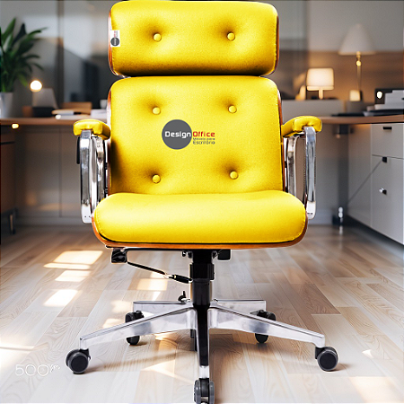 Cadeira Design Office Eames Signature Presidente Cromada com Rodinhas Anti Risco - Capa em Madeira- Amarelo