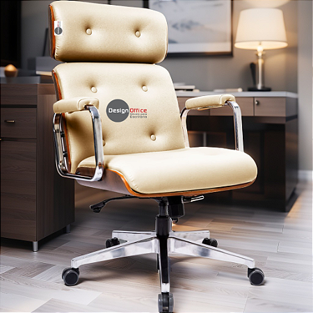 Cadeira Design Office Eames Signature Presidente Cromada com Rodinhas Anti Risco - Capa em Madeira - Bege