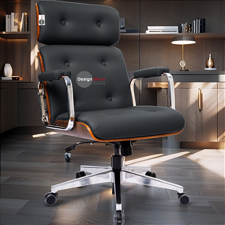 Cadeira Design Office Eames Signature Presidente Cromada com Rodinhas Anti Risco - Capa em Madeira - Marrom Café