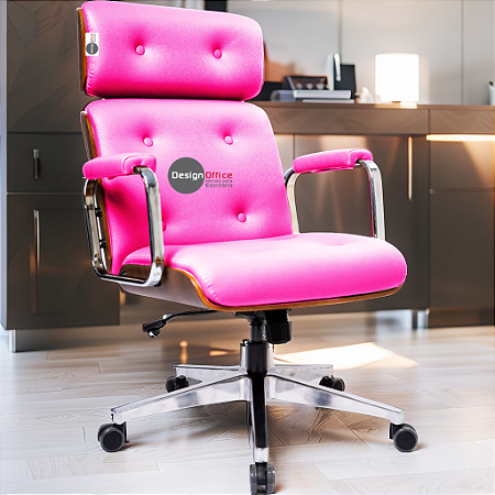 Cadeira Design Office Eames Signature Presidente Cromada com Rodinhas - Anti Risco - Capa em Madeira - Rosa Claro