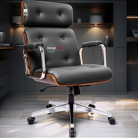 Cadeira Design Office Eames Signature Presidente Cromada com Rodinhas - Anti Risco - Capa em Madeira - Cinza Escuro