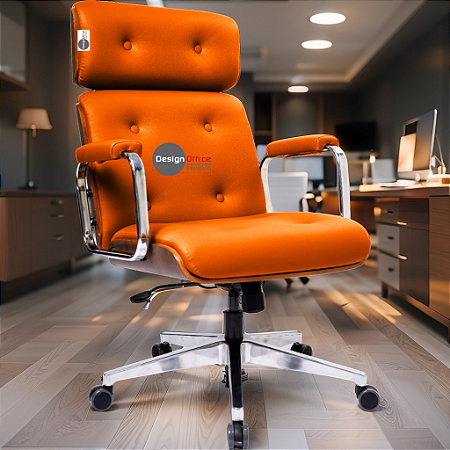Cadeira Design Office Eames Signature Presidente Cromada com Rodinhas - Anti Risco - Capa em Madeira - Laranja