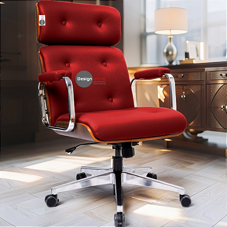 Cadeira Design Office Eames Signature Presidente Cromada com Rodinhas - Anti Risco - Capa em Madeira - Vermelho