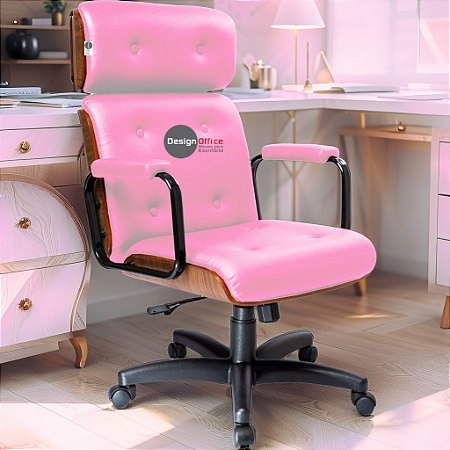 Cadeira Design Office Eames Signature Presidente Black com Rodinhas - Anti Risco - Capa em Madeira - Rosa Claro