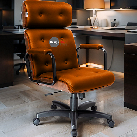 Cadeira Design Office Eames Signature Presidente Black com Rodinhas - Anti Risco - Capa em Madeira - Caramelo