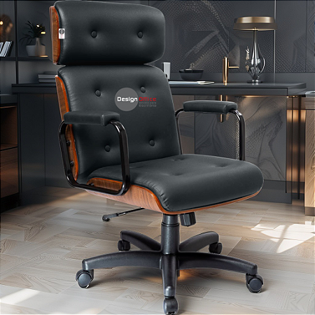 Cadeira Design Office Eames Signature Presidente Black com Rodinhas - Anti Risco - Capa em Madeira - Cinza Escuro
