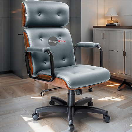 Cadeira Design Office Eames Signature Presidente Black com Rodinhas - Anti Risco - Capa em Madeira - Cinza Claro