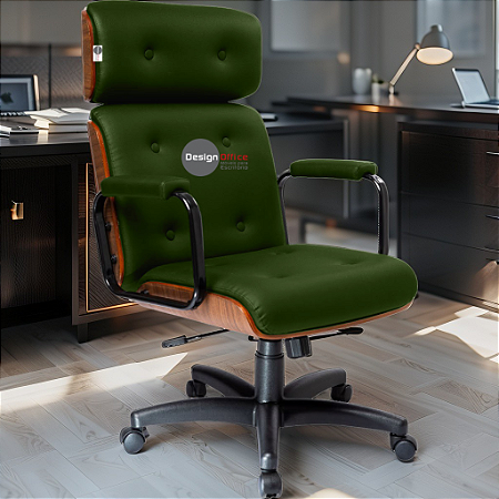 Cadeira Design Office Eames Signature Presidente Black com Rodinhas - Anti Risco - Capa em Madeira - Verde Escuro