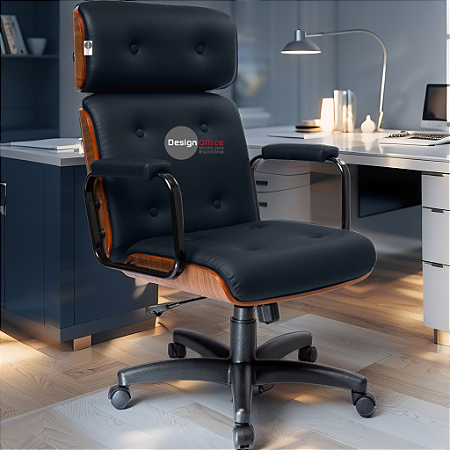 Cadeira Design Office Eames Signature Presidente Black com Rodinhas - Anti Risco - Capa em Madeira - Azul Marinho