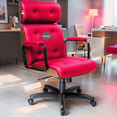 Cadeira Design Office Eames Signature Presidente Black com Rodinhas - Anti Risco - Capa em Madeira - Rosa Pink