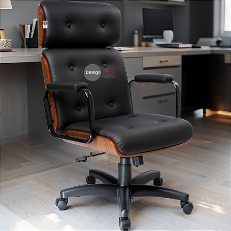 Cadeira Design Office Eames Signature Presidente Black com Rodinhas - Anti Risco - Capa em Madeira - Preto